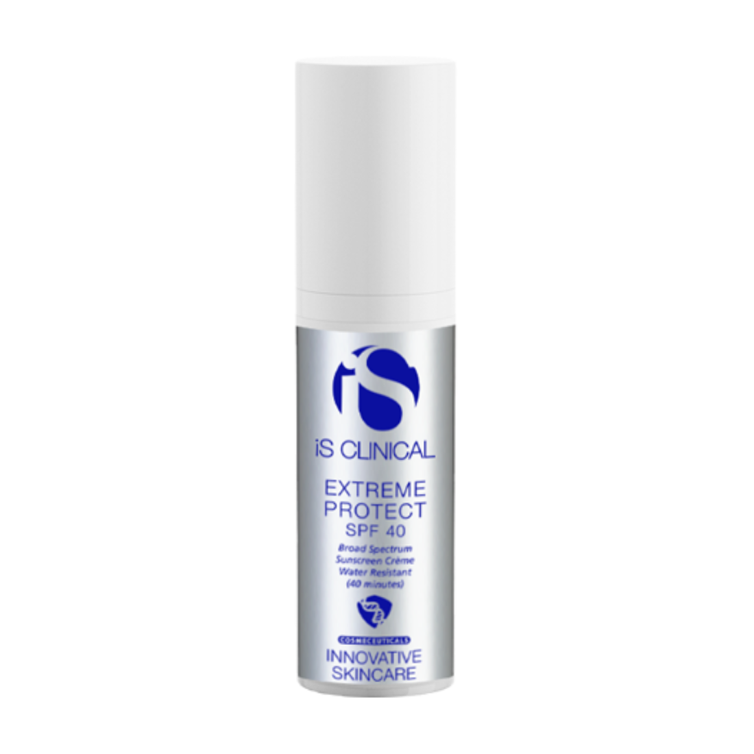 iS Clinical Extreme Protect SPF 40 sunscreen in a small silver pump bottle with white cap