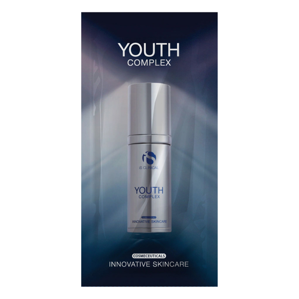 iS Clinical Youth Complex 2g sample card showing the silver pump bottle on a dark blue background