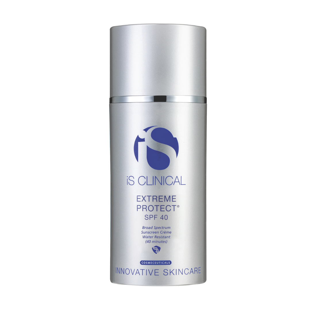 iS Clinical Extreme Protect SPF 40 sunscreen in a tall brushed silver bottle with blue lettering