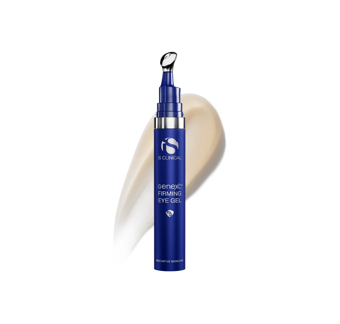 iS Clinical GeneXC Firming Eye Gel blue tube with metal applicator tip in front of a cream texture swatch