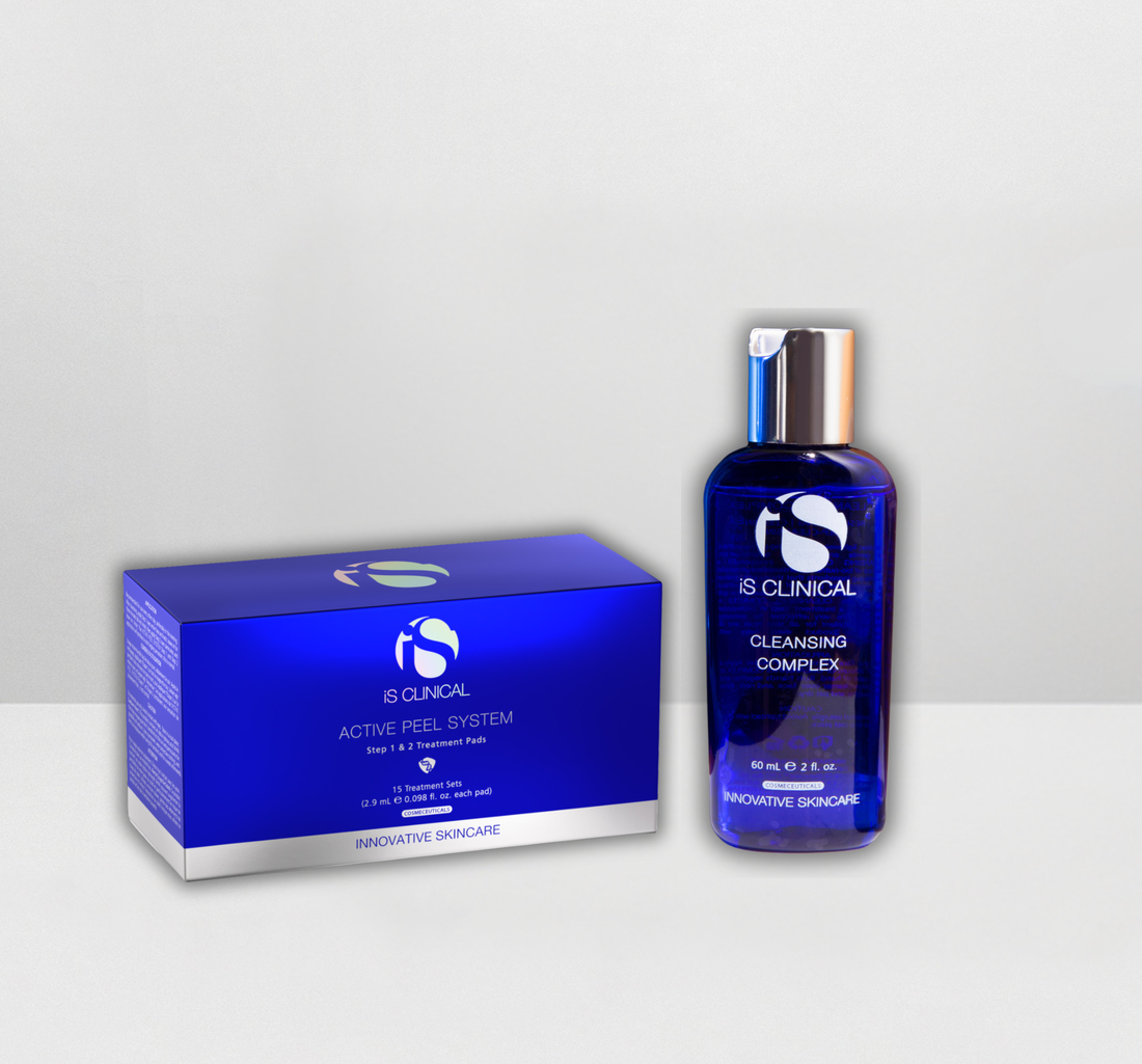iS Clinical Active Peel System box beside a 60ml Cleansing Complex bottle with silver cap