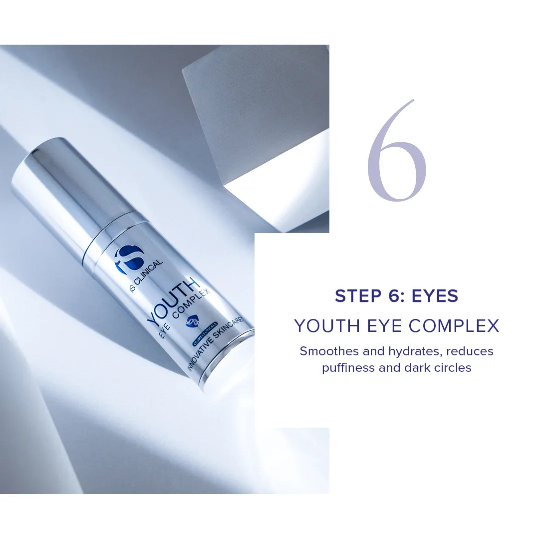 Silver pump bottle of iS Clinical Youth Eye Complex on white surface with geometric shadow