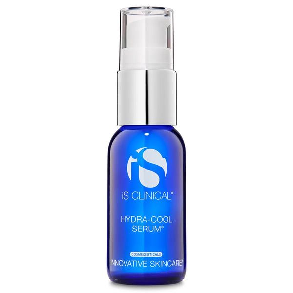 Blue glass bottle of iS Clinical Hydra-Cool Serum with white pump and silver collar on white background