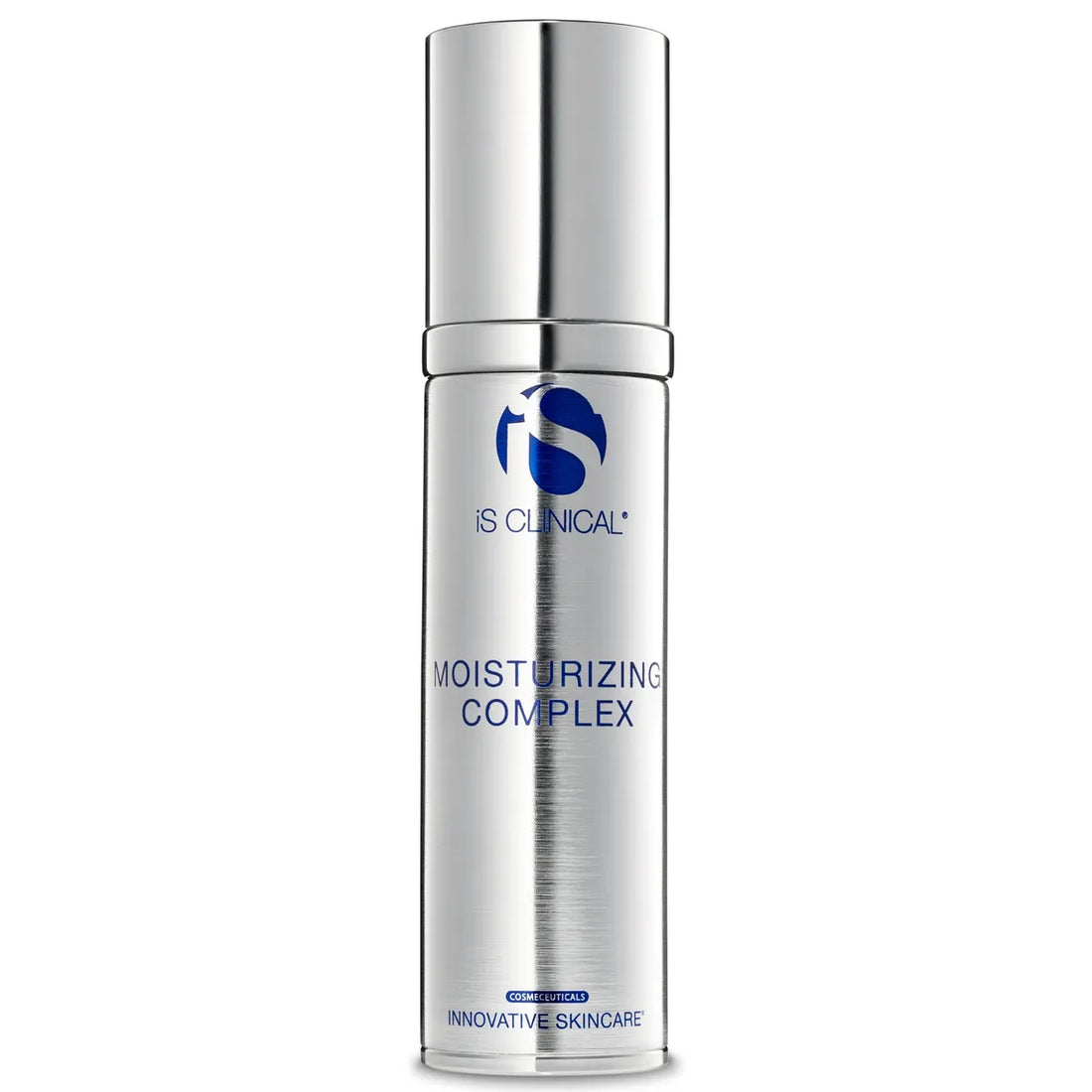 Silver cylindrical pump bottle of iS Clinical Moisturizing Complex with blue logo and text on white background