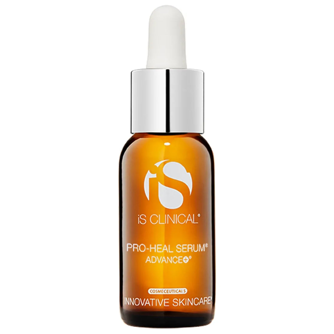 Amber glass dropper bottle of iS Clinical Pro-Heal Serum Advance+ with silver cap on white background
