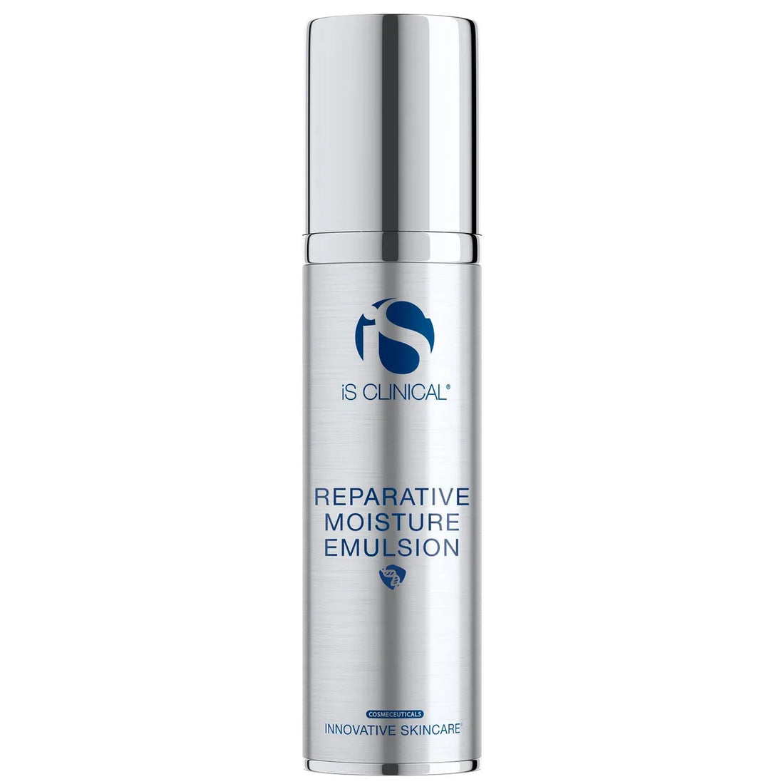 Silver cylindrical bottle of iS Clinical Reparative Moisture Emulsion with shiny cap