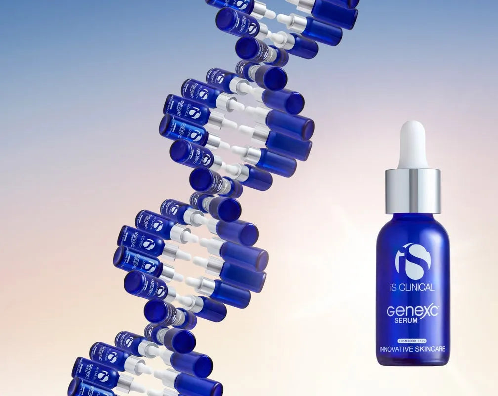 Blue iS Clinical GeneXC Serum bottle with dropper beside DNA helix made of smaller serum bottles