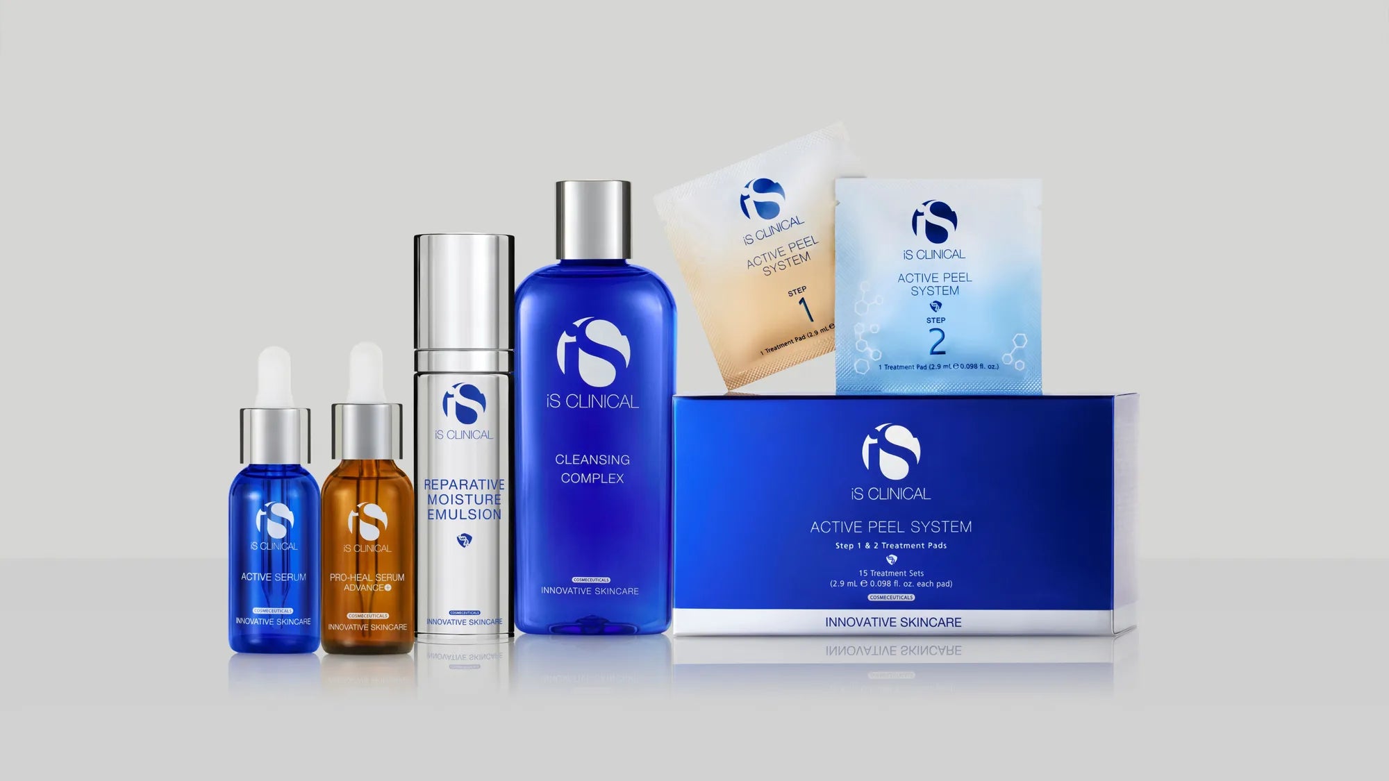 iS Clinical Active Serum, Pro-Heal Serum Advance+, Reparative Moisture Emulsion, Cleansing Complex, and Active Peel System packaging on white background