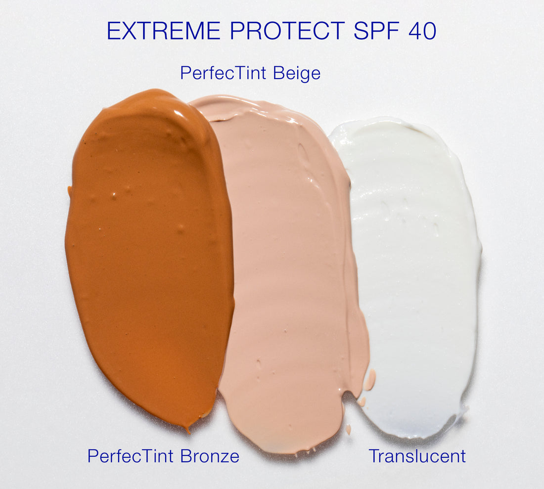 Extreme Protect SPF 40 texture swatches in PerfecTint Bronze, PerfecTint Beige and Translucent shades