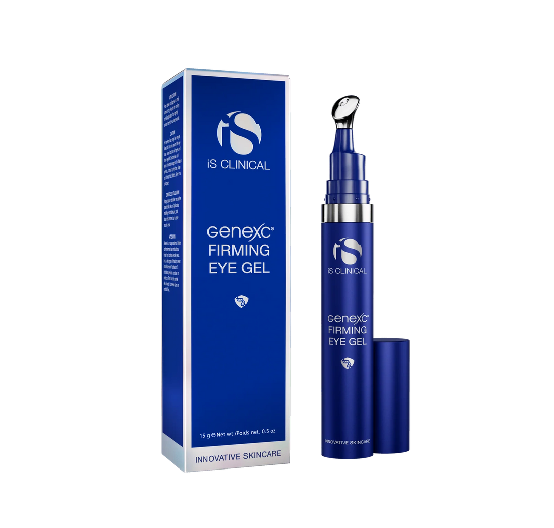 iS Clinical GeneXC Firming Eye Gel 15g blue carton beside the tube with its cap off