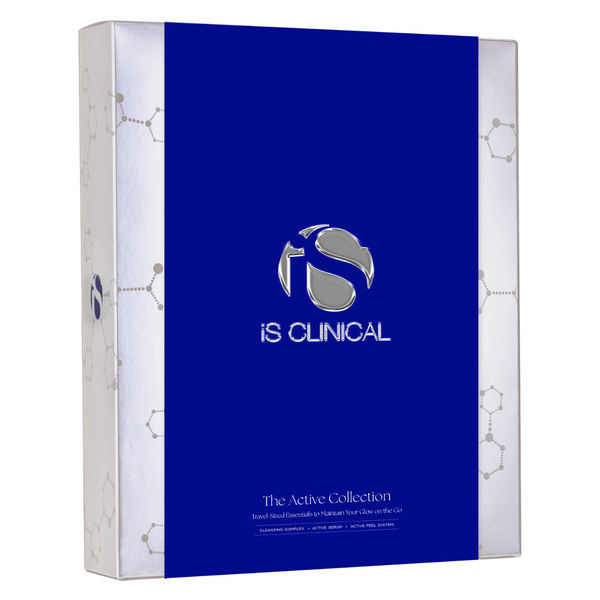 iS Clinical Limited-Edition Active Collection box with blue front and molecular pattern on white sides