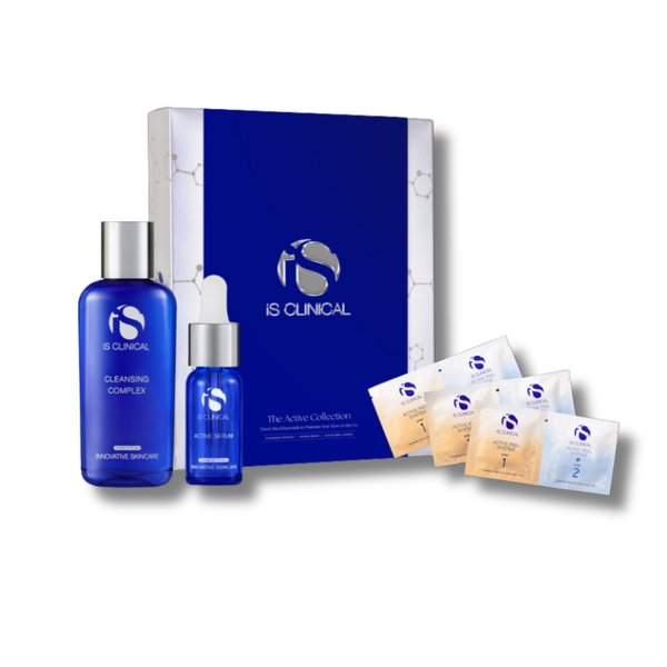 iS Clinical Limited-Edition Active Collection with blue Cleansing Complex bottle, Active Serum dropper bottle, blue and white box, and four Active Peel System sachets