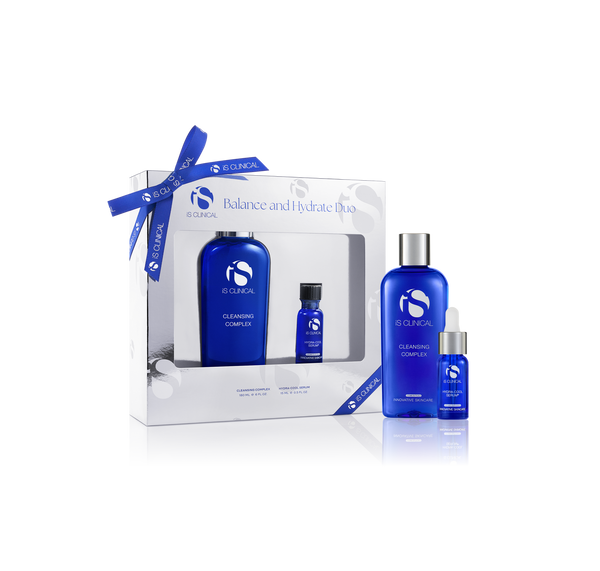 iS Clinical Balance and Hydrate Duo set with blue Cleansing Complex bottle and smaller Hydra-Cool Serum bottle in white gift box with blue ribbon