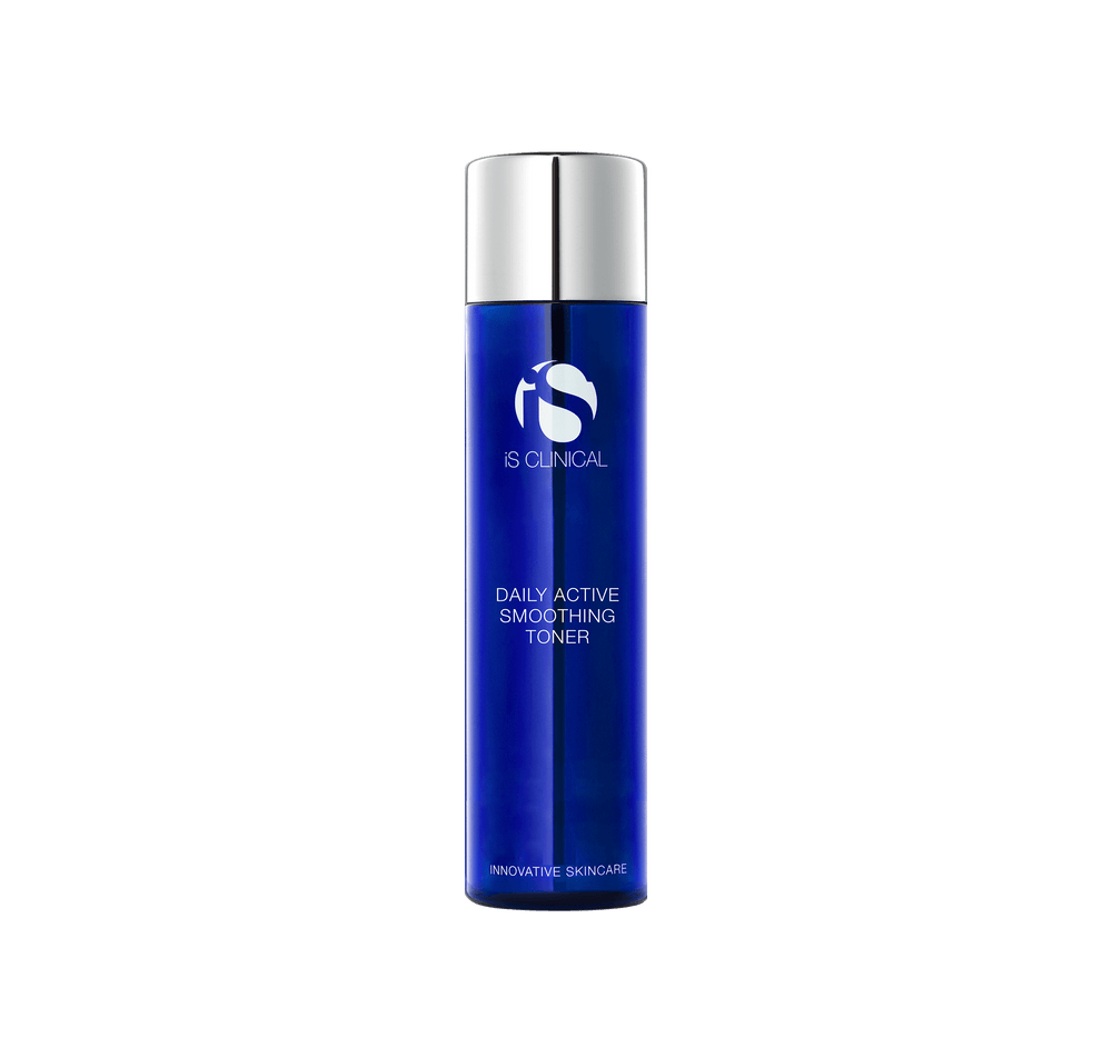 Cobalt blue iS Clinical Daily Active Smoothing Toner bottle with brushed silver cap on a pale grey background