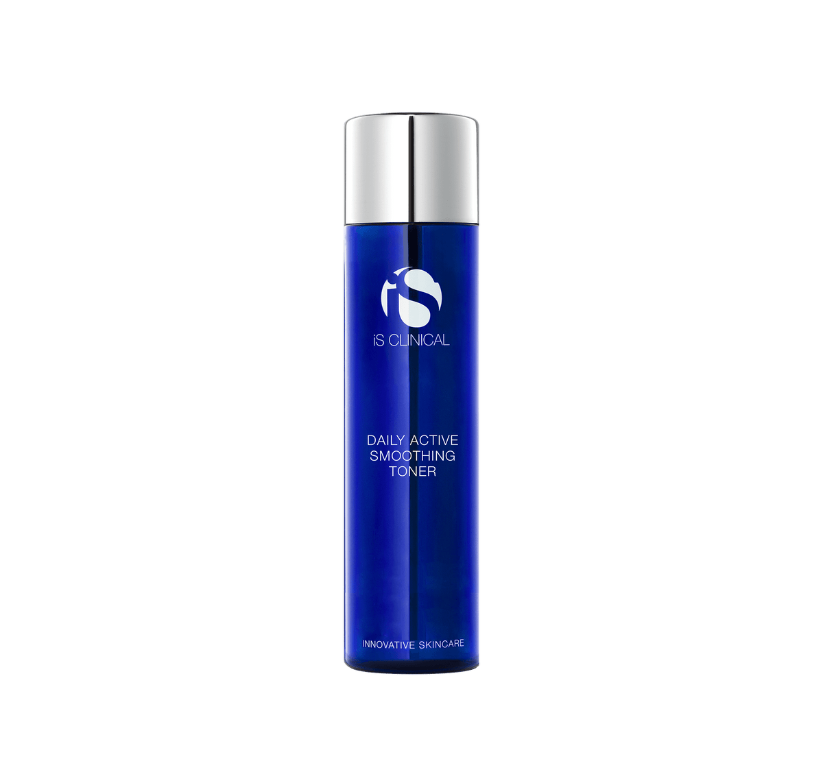 Cobalt blue iS Clinical Daily Active Smoothing Toner bottle with brushed silver cap on a pale grey background