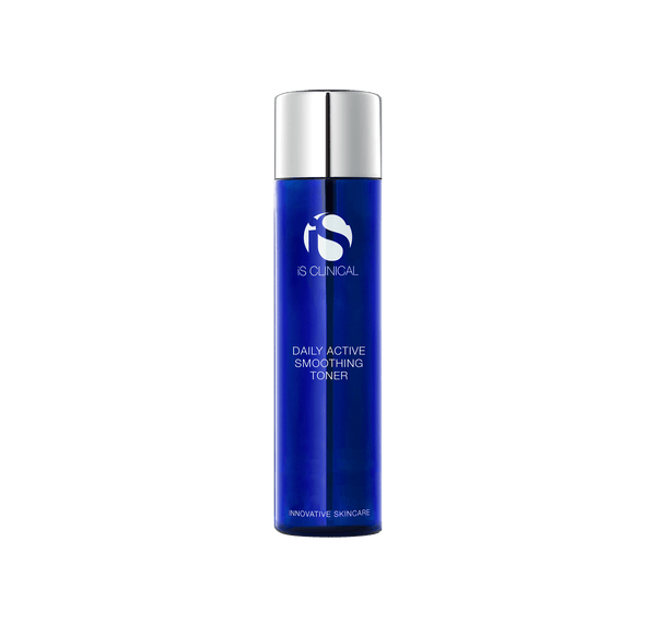 Cobalt blue iS Clinical Daily Active Smoothing Toner bottle with brushed silver cap on a pale grey background