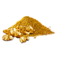 Pile of fine golden powder with several gold nuggets on a white background