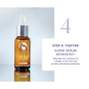 Amber glass dropper bottle of iS Clinical Super Serum Advance+ on reflective surface with step 4 usage instructions