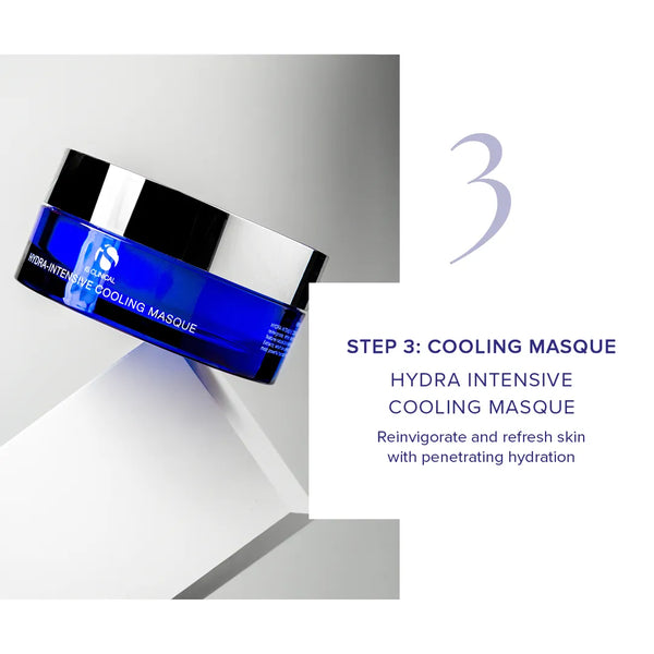Blue jar of iS Clinical Hydra Intensive Cooling Masque on white geometric block with step 3 text