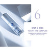 Silver pump bottle of iS Clinical Youth Eye Complex on white surface with geometric shadow