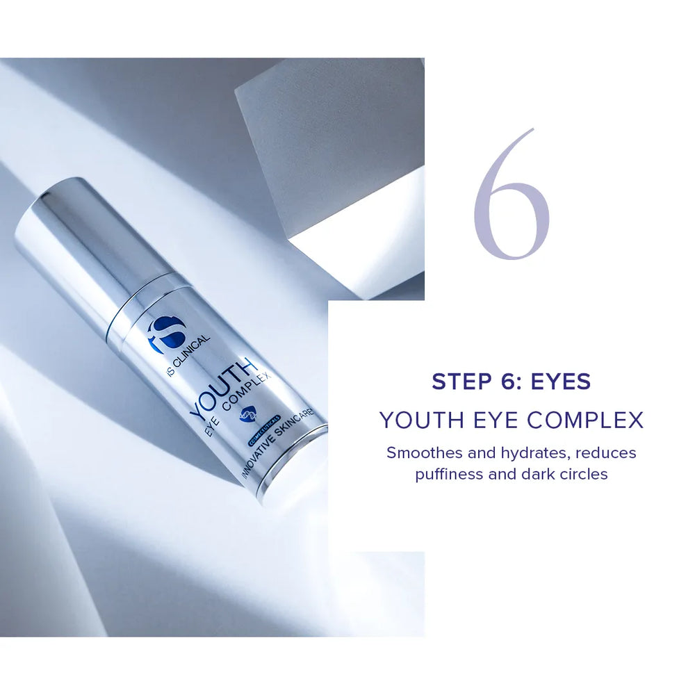 Silver pump bottle of iS Clinical Youth Eye Complex on white surface with geometric shadow