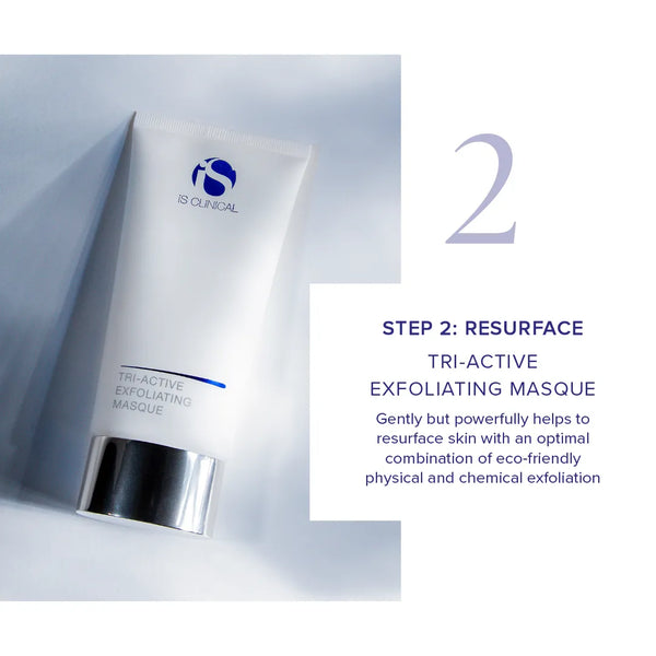 White tube of iS Clinical Tri-Active Exfoliating Masque with silver cap on white background