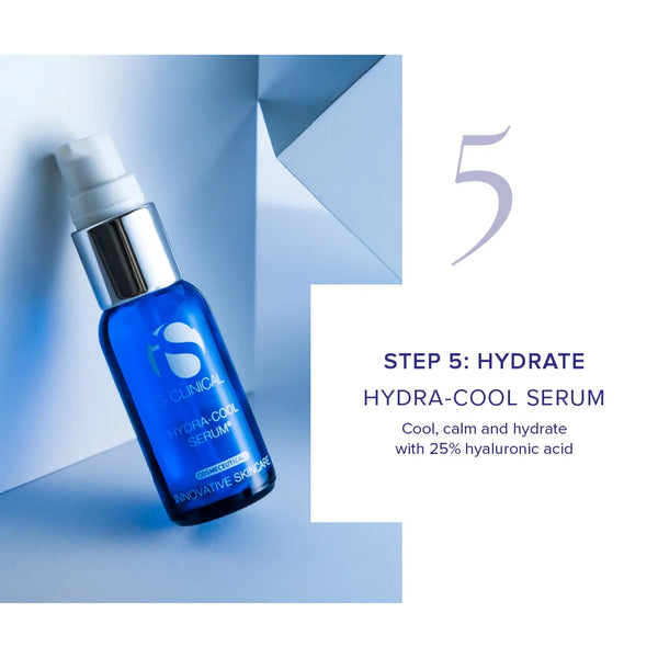 Blue glass pump bottle of iS Clinical Hydra-Cool Serum on a light blue geometric background with hydration step text