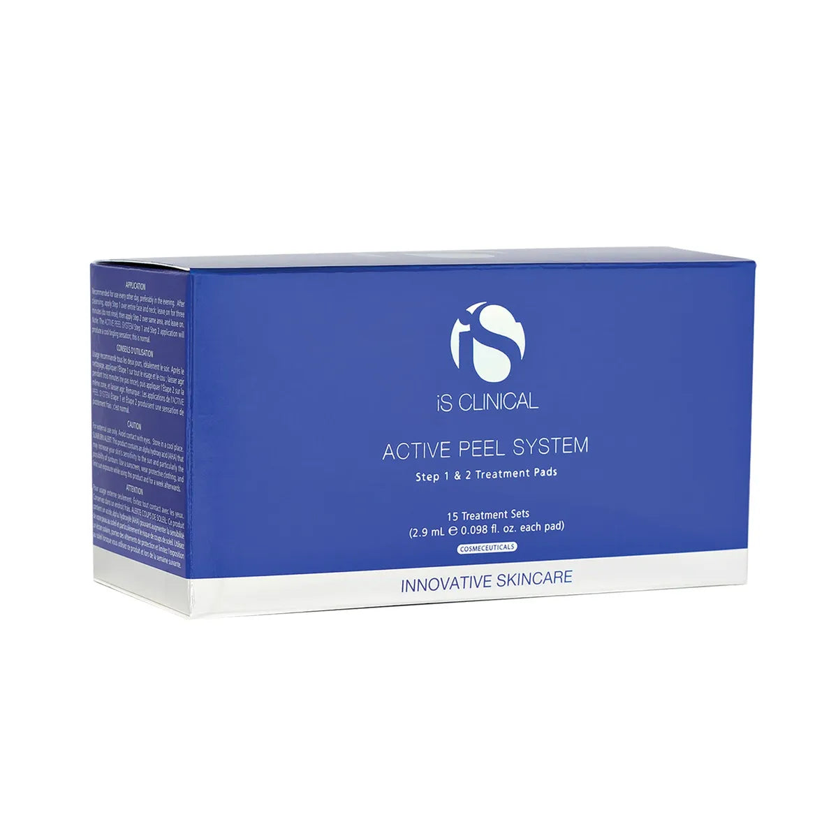 Blue and white box of iS Clinical Active Peel System with text detailing treatment pads and quantity