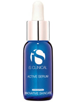 Blue glass dropper bottle of iS Clinical Active Serum with white and silver cap on white background