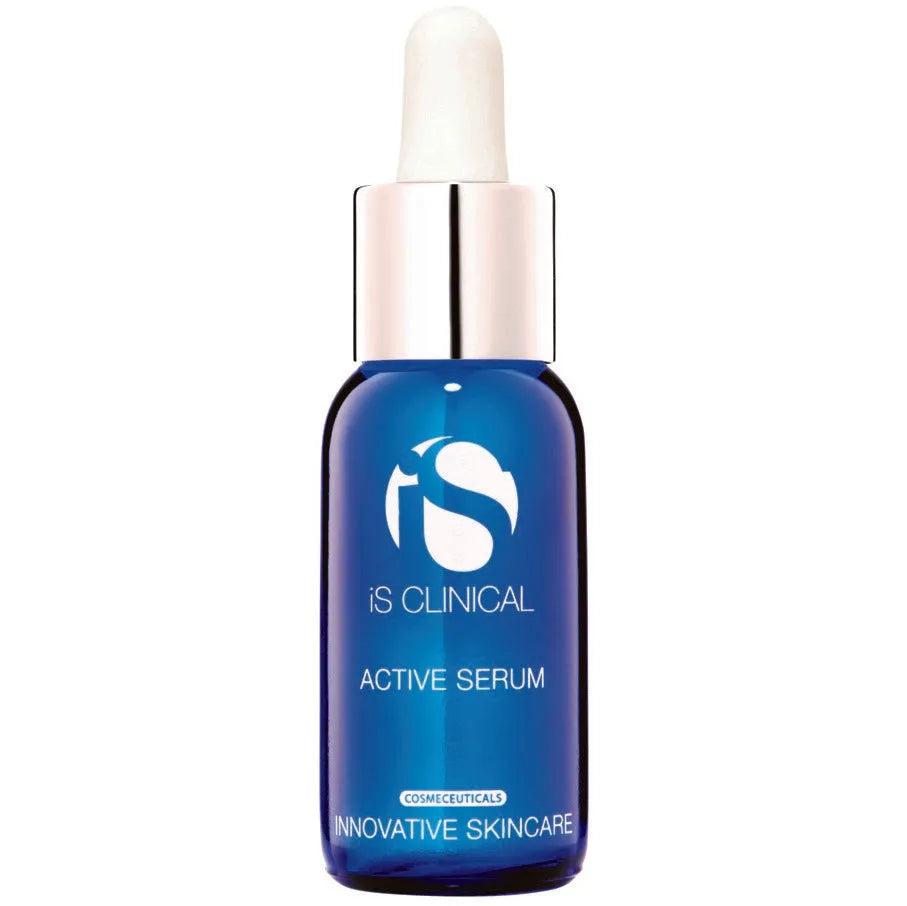 Blue glass dropper bottle of iS Clinical Active Serum with white and silver cap on white background