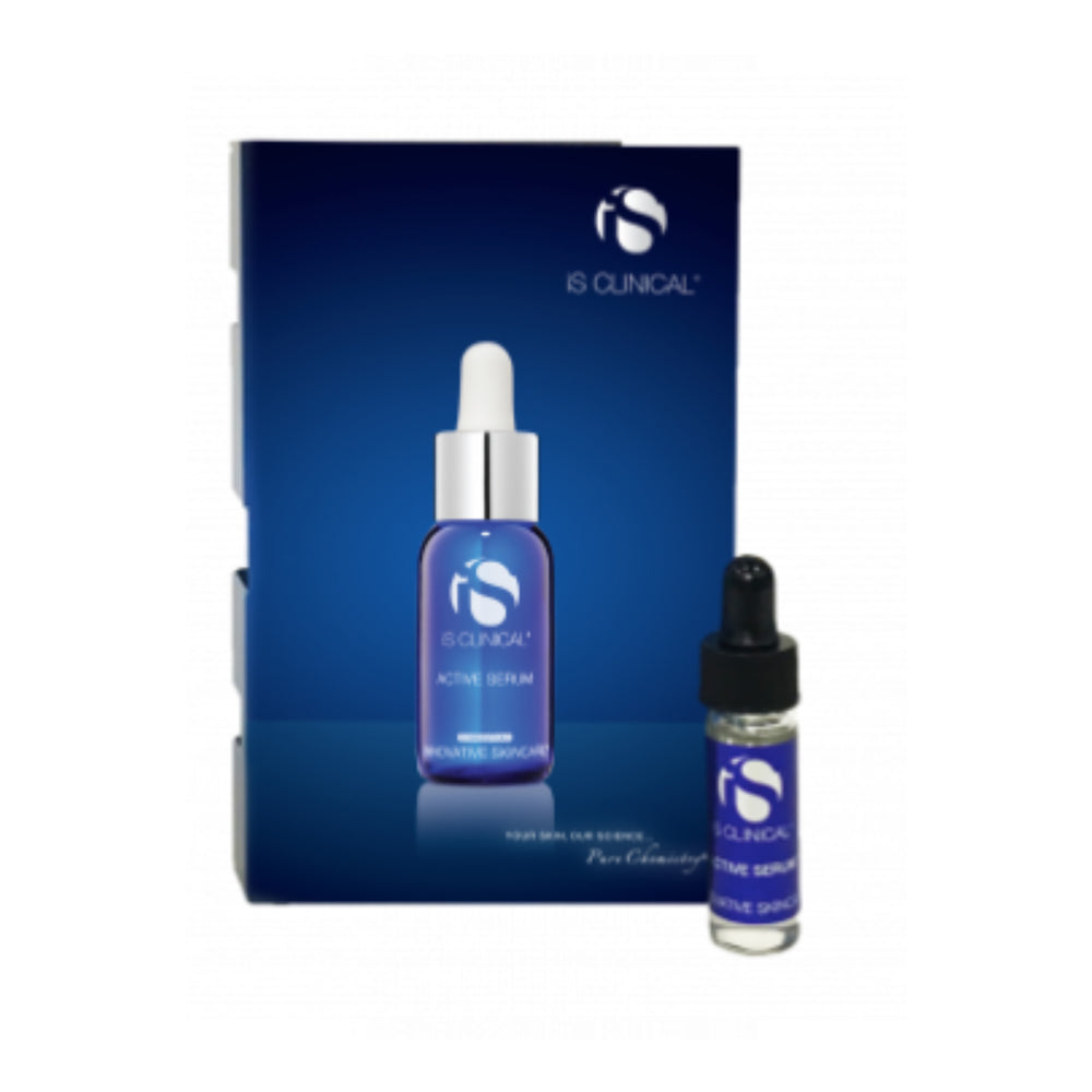Small clear glass vial with black dropper cap and blue label beside blue box featuring iS Clinical Active Serum bottle image