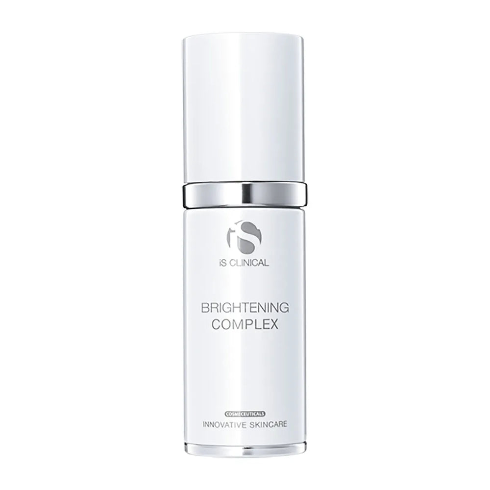 iS Clinical Brightening Complex in white pump bottle with silver accents on white background