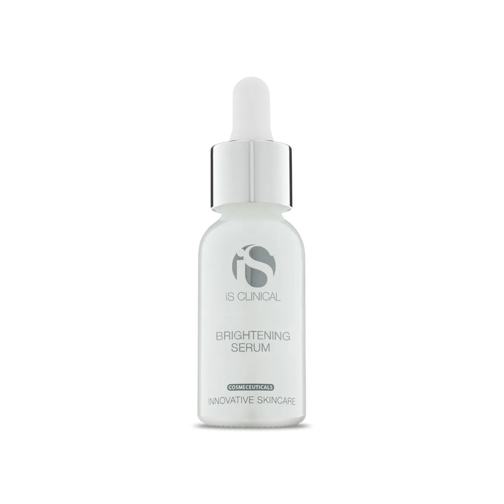 iS Clinical Brightening Serum in frosted glass bottle with silver dropper cap on white background