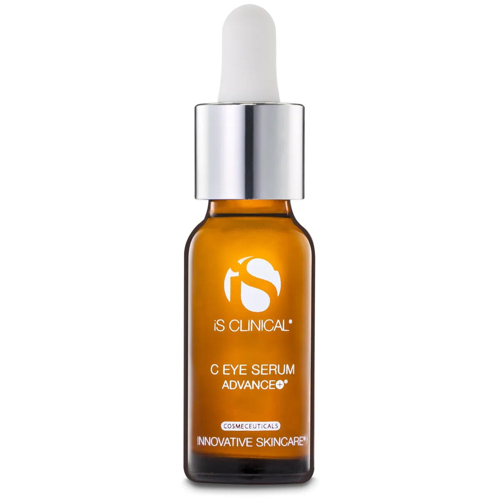 Amber glass dropper bottle of iS Clinical C Eye Serum Advance+ with silver cap on white background
