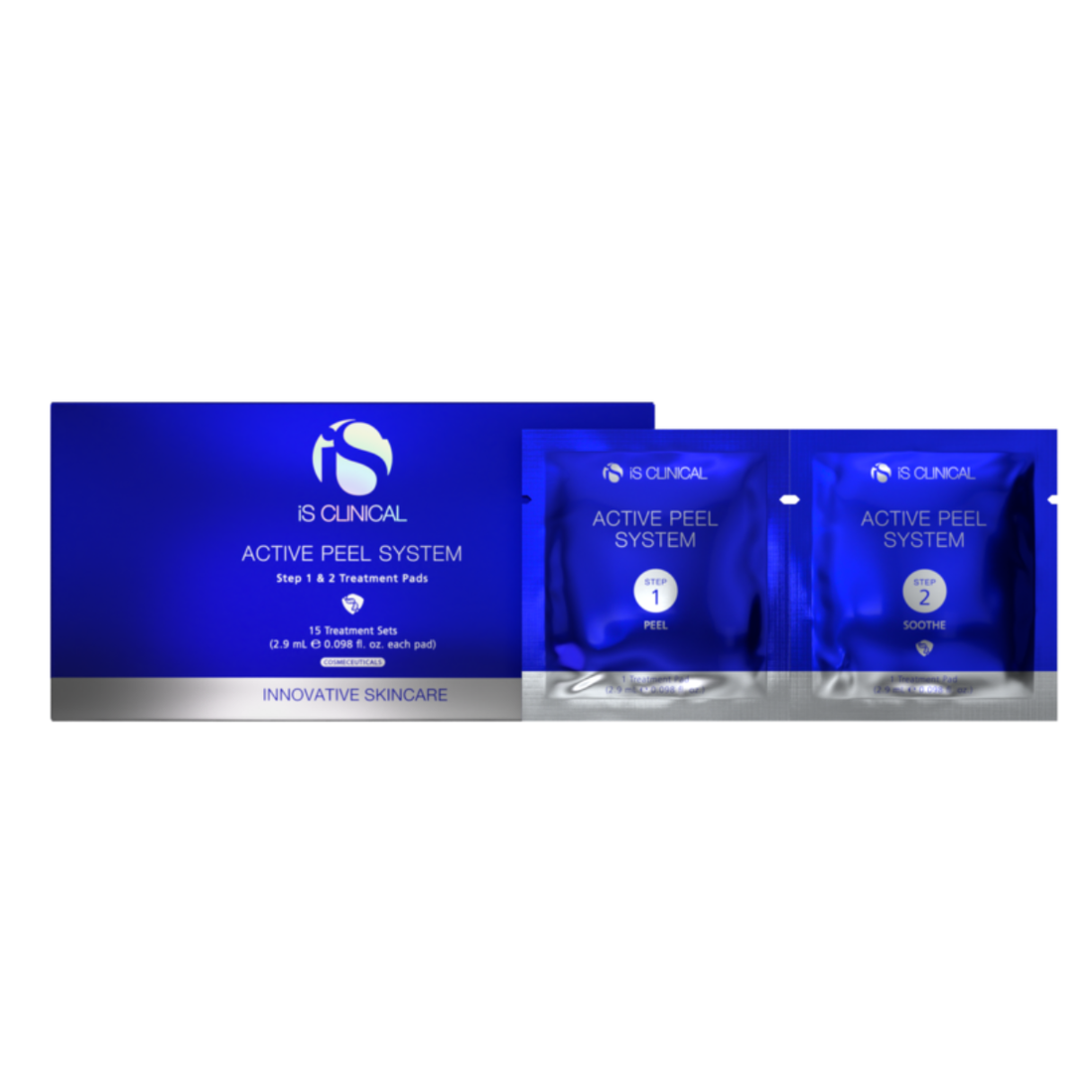 iS Clinical Active Peel System box of 15 treatment sets beside the Step 1 Peel and Step 2 Soothe pad sachets