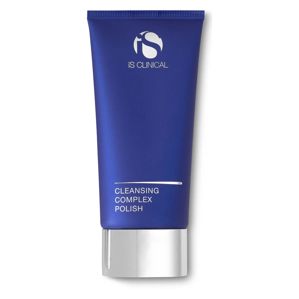 Blue tube of iS Clinical Cleansing Complex Polish with silver cap on white background
