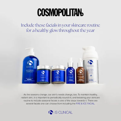 Six iS Clinical skincare products in blue and white packaging arranged in a row on a white background under Cosmopolitan logo and skincare routine text