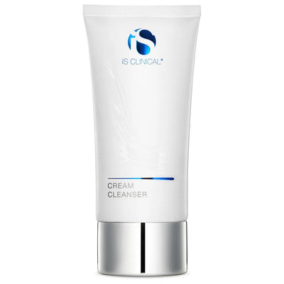 White tube of iS Clinical Cream Cleanser with silver cap and blue logo on clinical-white background