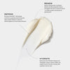 Creamy white texture of Daily Dynamic Hydrator with labelled benefits: Defend, Renew, Hydrate on white background