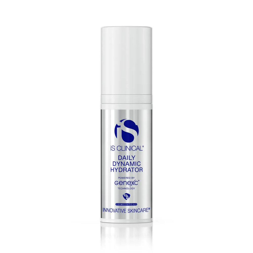 Silver and white pump bottle of iS Clinical Daily Dynamic Hydrator with blue text on clinical-white background