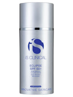 Silver pump bottle of iS Clinical Eclipse SPF 50+ broad spectrum sunscreen cream