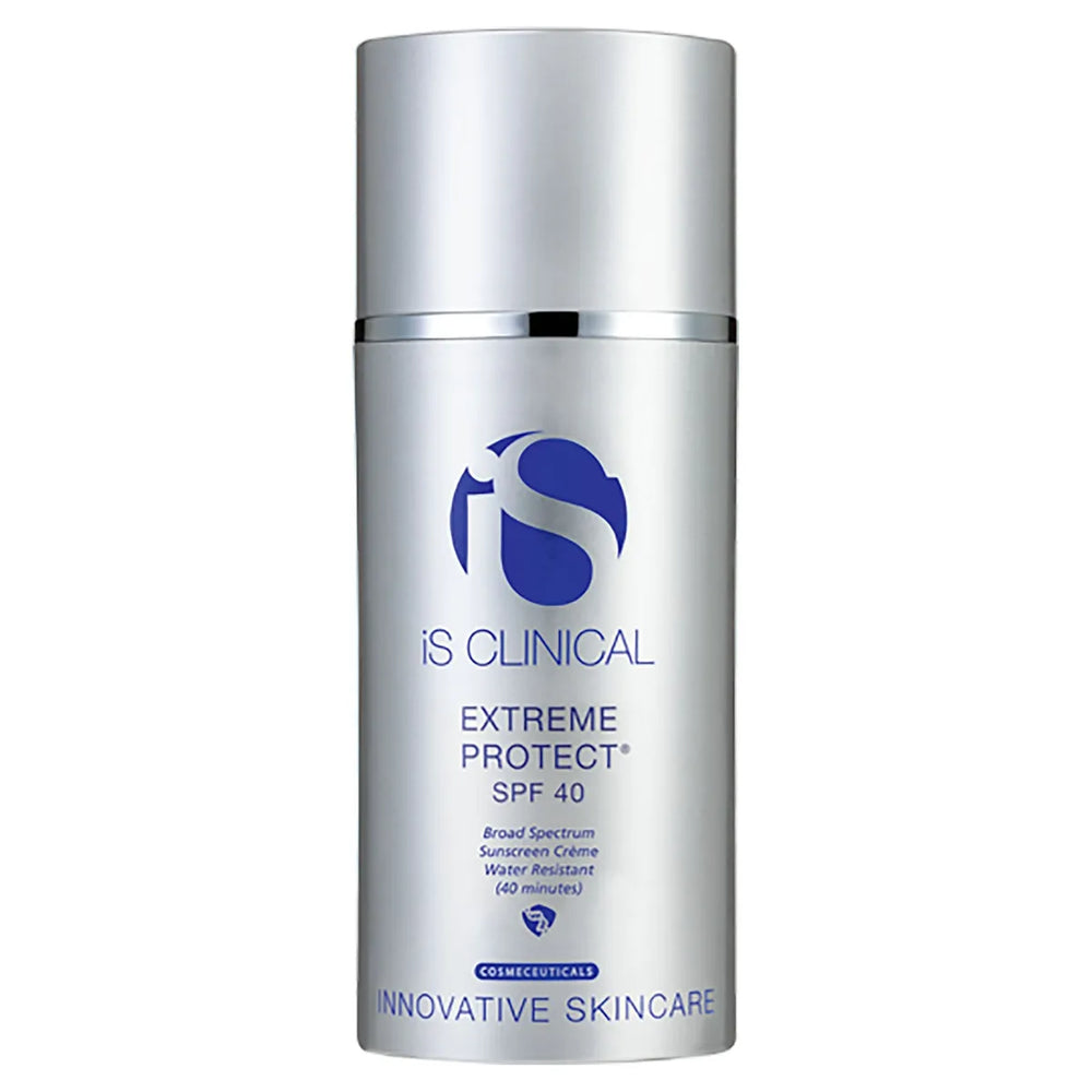 Silver pump bottle of iS Clinical Extreme Protect SPF 40 sunscreen with blue logo and text