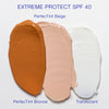 Three swatches of iS Clinical Extreme Protect SPF 40 in PerfecTint Bronze, PerfecTint Beige, and Translucent shades on a white background