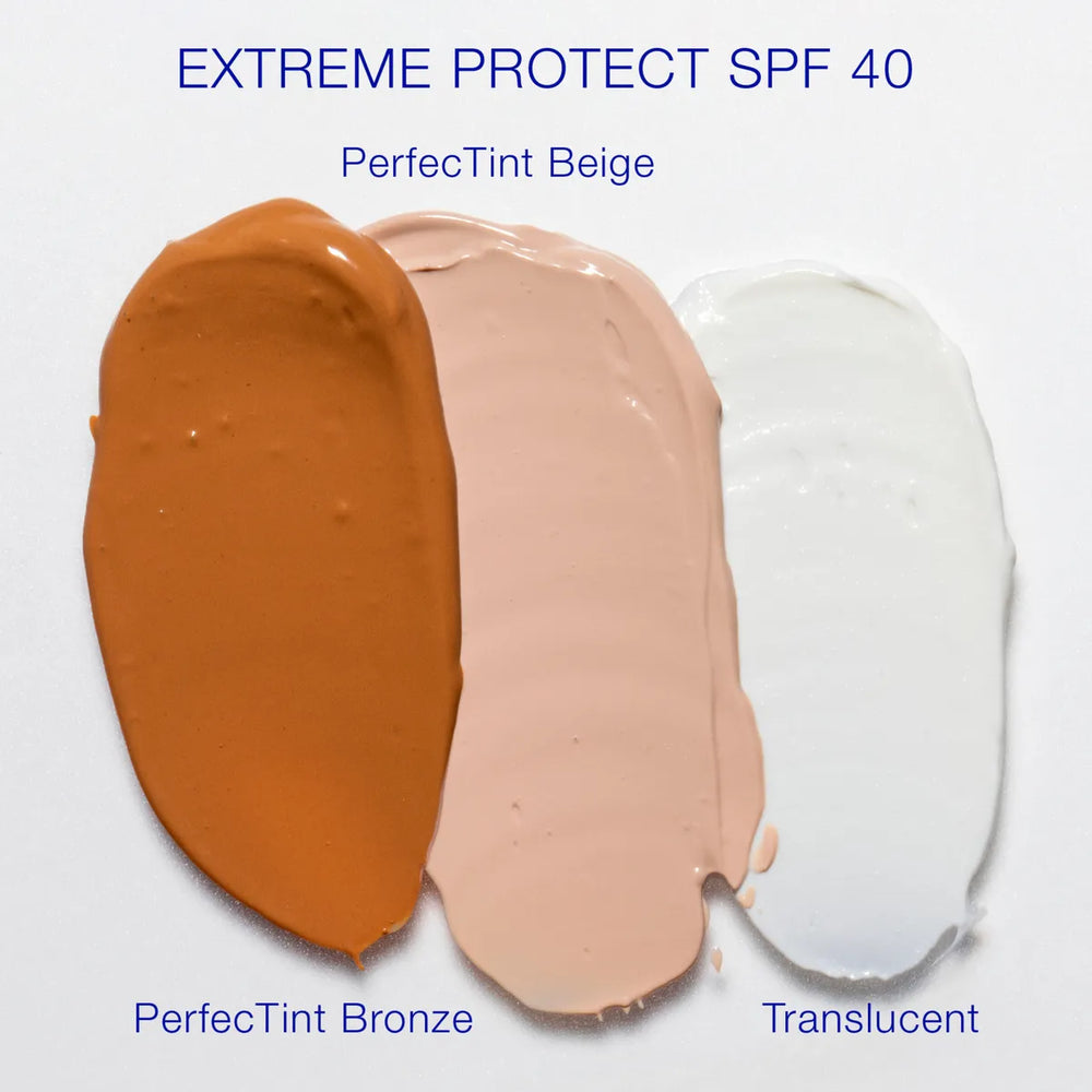 Three swatches of iS Clinical Extreme Protect SPF 40 in PerfecTint Bronze, PerfecTint Beige, and Translucent shades on a white background