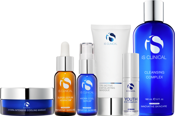 iS Clinical A-List Facial At Home Bundle with six products including blue jar, amber dropper bottle, blue pump bottle, white tube, white pump bottle, and large blue bottle