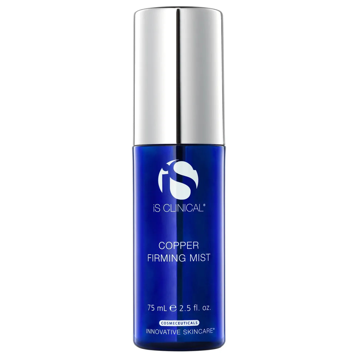 The iS Clinical Copper Firming Mist in its cobalt-blue bottle with a silver cap
