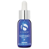 Blue glass dropper bottle of iS Clinical GeneXC Serum with silver cap on white background