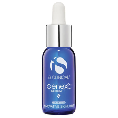 Blue glass dropper bottle of iS Clinical GeneXC Serum with silver cap on white background