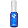 Blue glass bottle of iS Clinical Hydra-Cool Serum with white pump and silver collar on white background