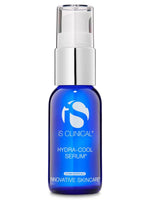 Blue glass bottle of iS Clinical Hydra-Cool Serum with white pump and silver collar on white background